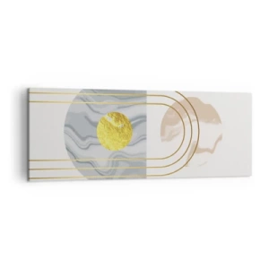 Cuadro sobre lienzo - Impresión de Imagen - Composición abstracta con círculos y líneas doradas sobre fondo claro. - 140x50cm - Brillo y resplandor - Decoración de pared moderna para salón y dormitorio ARTTOR