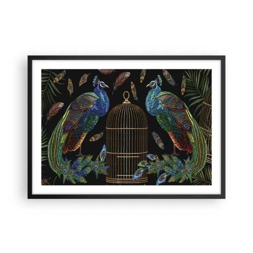 Póster en marco negro - Pavos reales junto a una jaula dorada sobre un fondo negro - 70x50cm - Con plumajes reales - Decoración de pared moderna para salón y dormitorio ARTTOR