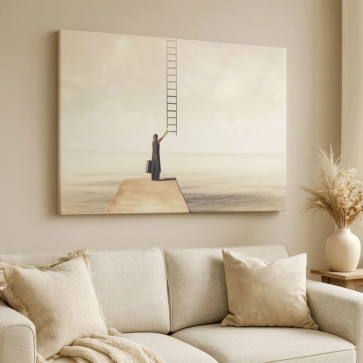 Cuadro sobre lienzo - Impresión de Imagen - Una mujer parada en un muelle con una escalera que conduce al cielo. - 70x50cm - Un viaje mágico - Decoración de pared moderna para salón y dormitorio ARTTOR