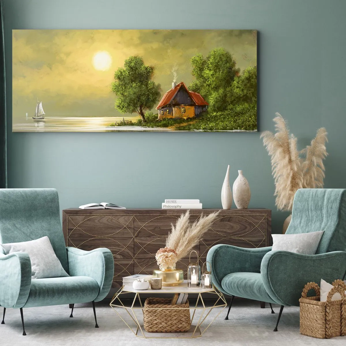 Cuadro sobre lienzo - Impresión de Imagen - Casa del lago a la luz del atardecer - 160x50cm - Es hermoso, como salido de un cuadro - Decoración de pared moderna para salón y dormitorio ARTTOR