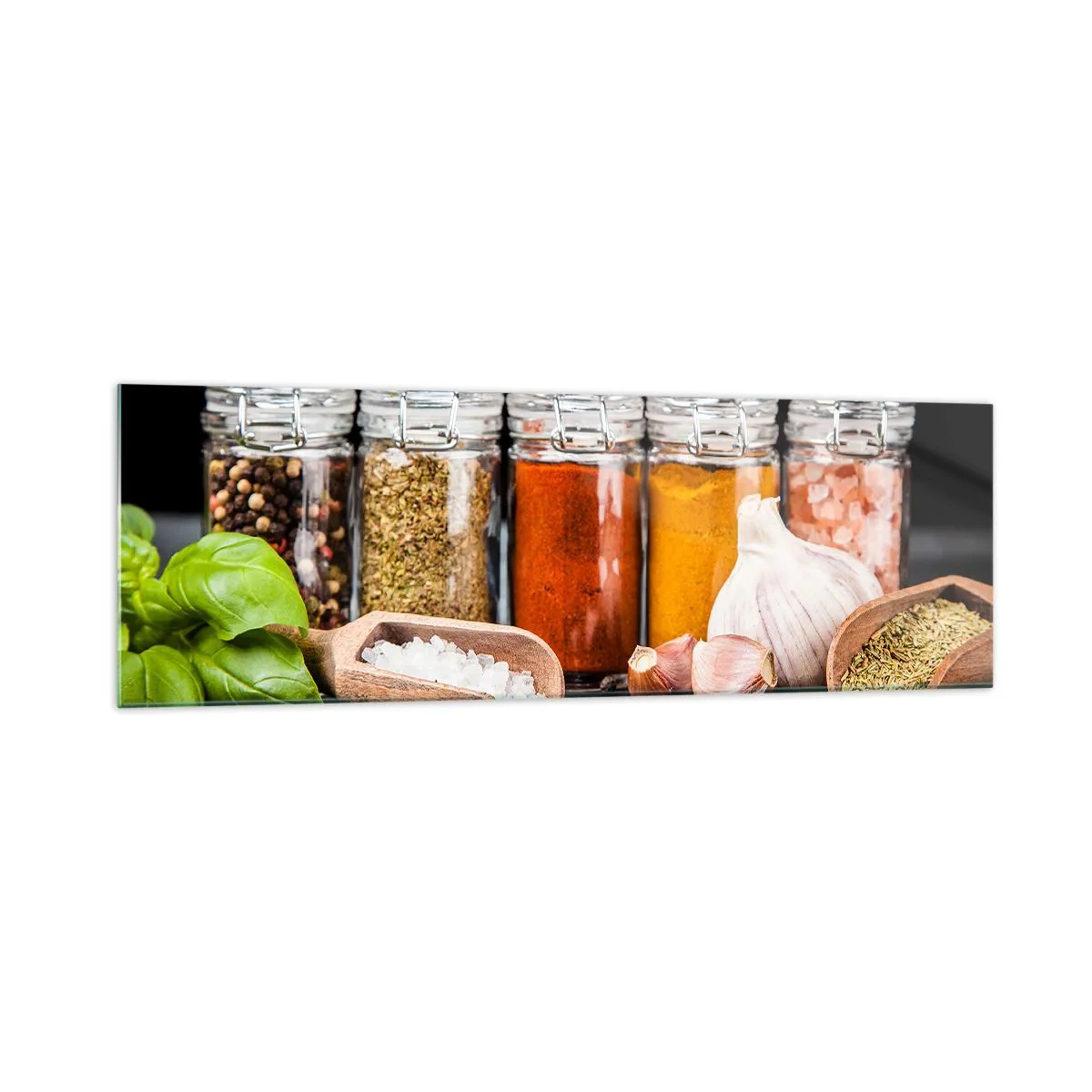 Cuadro sobre vidrio - Impresiones sobre Vidrio - Hierbas y especias en frascos de vidrio sobre un fondo oscuro. - 160x50cm - Para que la vida sepa bien - Decoración de pared moderna para salón y dormitorio ARTTOR