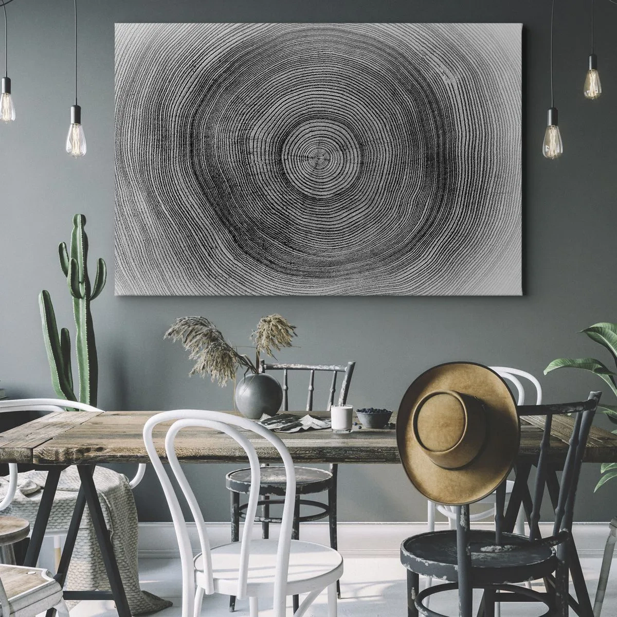 Cuadro sobre lienzo - Impresión de Imagen - Patrón de anillos de árboles en blanco y negro que muestra una sección transversal del tronco. - 70x50cm - El paso del tiempo - Decoración de pared moderna para salón y dormitorio ARTTOR