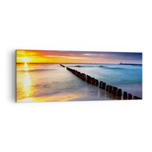 Cuadro sobre lienzo - Impresión de Imagen - Puesta de sol sobre el mar con un rompeolas en primer plano - 140x50cm - Escuchar el silencio - Decoración de pared moderna para salón y dormitorio ARTTOR