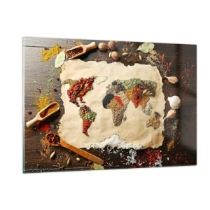 Cuadro sobre vidrio - Impresiones sobre Vidrio - Un mapa del mundo hecho con varias especias sobre un fondo rústico. - 120x80cm - Todos los sabores del mundo - Decoración de pared moderna para salón y dormitorio ARTTOR
