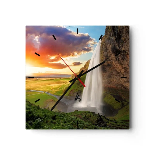 Reloj de pared - Reloj de vidrio - Una cascada en un paisaje pintoresco al atardecer. - 30x30cm - La plenitud del verano islandés - Decoración de pared moderna para salón y dormitorio ARTTOR