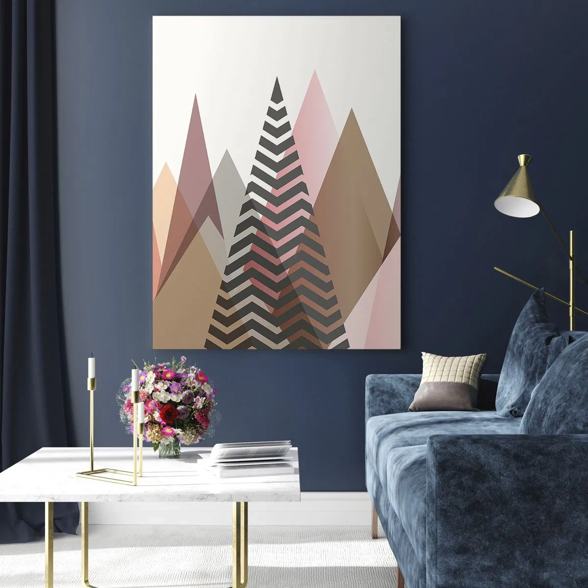 Cuadro sobre vidrio - Impresiones sobre Vidrio - Montañas geométricas pastel con un patrón central - 50x70cm - Una visión piramidal - Decoración de pared moderna para salón y dormitorio ARTTOR