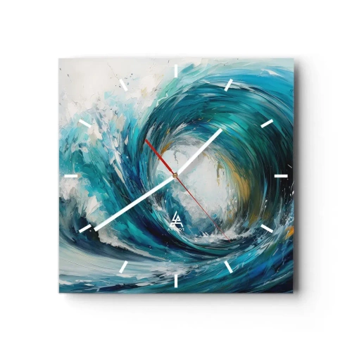 Reloj de pared - Reloj de vidrio - Una ola dinámica en tonos azules y turquesas. - 30x30cm - Portal marino - Decoración de pared moderna para salón y dormitorio ARTTOR