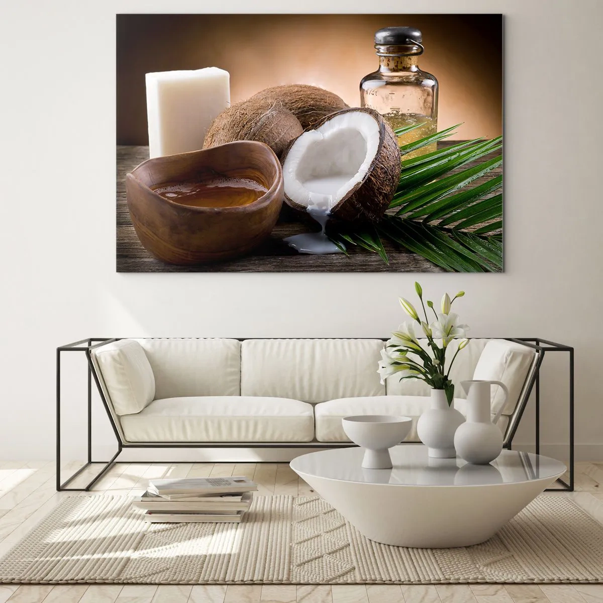 Cuadro sobre vidrio - Impresiones sobre Vidrio - Ingredientes naturales con coco y aceite sobre fondo de madera. - 70x50cm - Salud de las islas tropicales - Decoración de pared moderna para salón y dormitorio ARTTOR