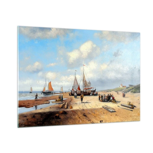 Cuadro sobre vidrio - Impresiones sobre Vidrio - Escena de playa con barcos de pesca y gente pescando. - 100x70cm - Después de una pesca exitosa - Decoración de pared moderna para salón y dormitorio ARTTOR