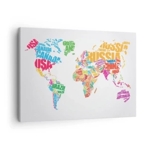 Cuadro sobre lienzo - Impresión de Imagen - Mapa del mundo colorido con nombres de países - 70x50cm - Quiero conocerlos a todos - Decoración de pared moderna para salón y dormitorio ARTTOR