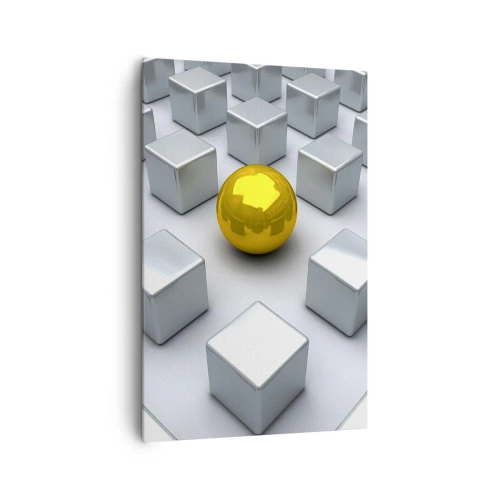 Cuadro sobre lienzo - Impresión de Imagen - Una esfera dorada que destaca entre los cubos plateados. - 80x120cm - ¿Por qué yo? Composición geométrica - Decoración de pared moderna para salón y dormitorio ARTTOR