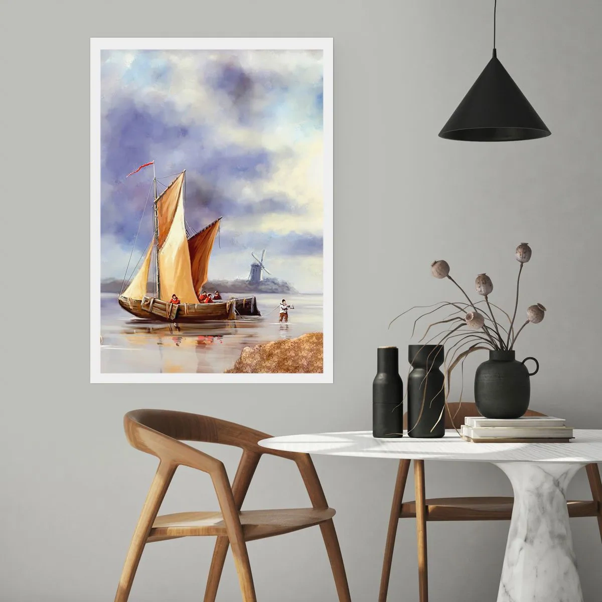 Póster - Un velero en la orilla con un molino de viento al fondo. - 50x70cm - El regreso de los marineros - Decoración de pared moderna para salón y dormitorio ARTTOR