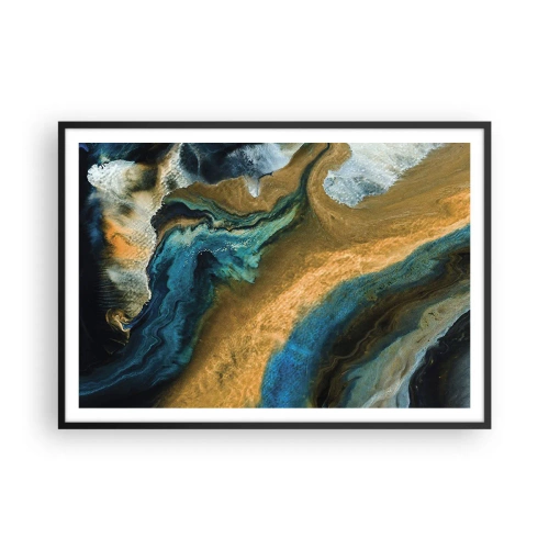 Póster en marco negro - Ondas abstractas en tonos dorados y azules. - 100x70cm - Azul - amarillo - influencia mutua - Decoración de pared moderna para salón y dormitorio ARTTOR