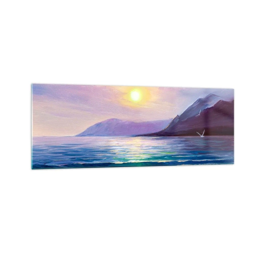 Cuadro sobre vidrio - Impresiones sobre Vidrio - Un pintoresco paisaje marino al atardecer con olas y montañas. - 140x50cm - Cristal de agua y aire - Decoración de pared moderna para salón y dormitorio ARTTOR