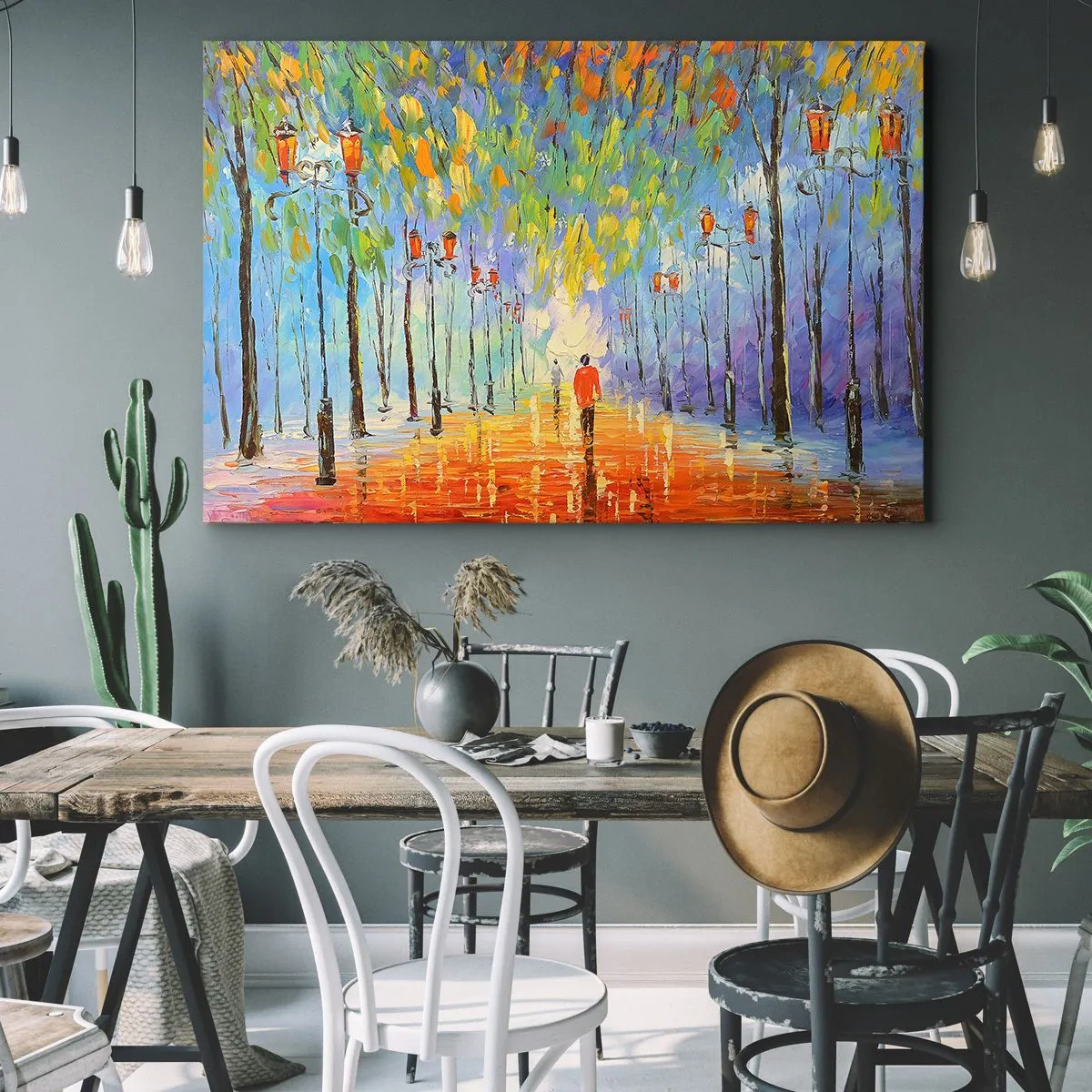 Cuadro sobre lienzo - Impresión de Imagen - Un pintoresco paseo entre los faroles en una noche lluviosa. - 70x50cm - La canción nocturna de la lluvia - Decoración de pared moderna para salón y dormitorio ARTTOR