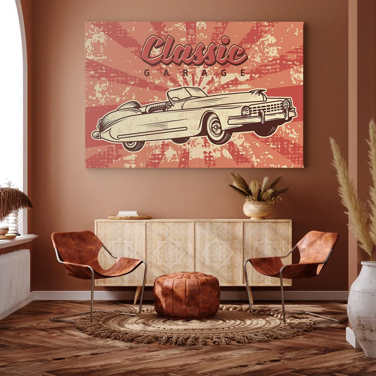 Cuadro sobre lienzo - Impresión de Imagen - Póster retro con un coche clásico y las palabras Classic Garage - 70x50cm - Y Elvis en la radio - Decoración de pared moderna para salón y dormitorio ARTTOR