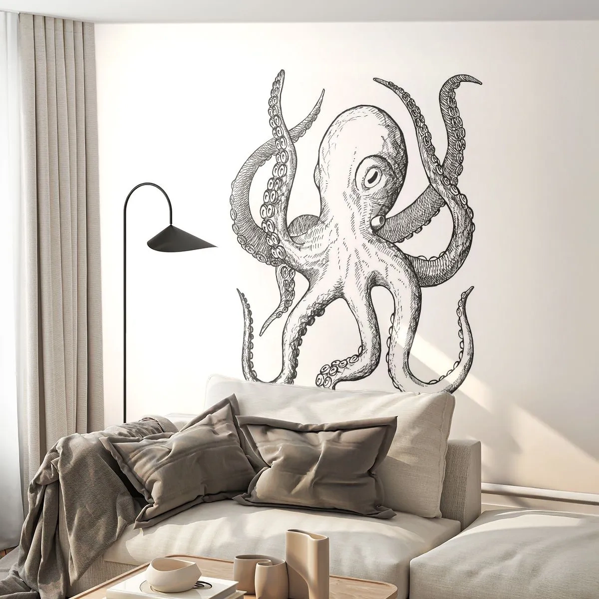 Fotomural Premium Canvas - Bailando con olas - Pulpo, Dibujo, Playa - 250x175 cm