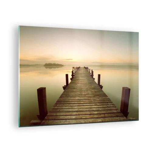 Cuadro sobre vidrio - Impresiones sobre Vidrio - Un embarcadero de madera en un lago tranquilo al amanecer. - 70x50cm - Antes del amanecer, al amanecer, la luz - Decoración de pared moderna para salón y dormitorio ARTTOR