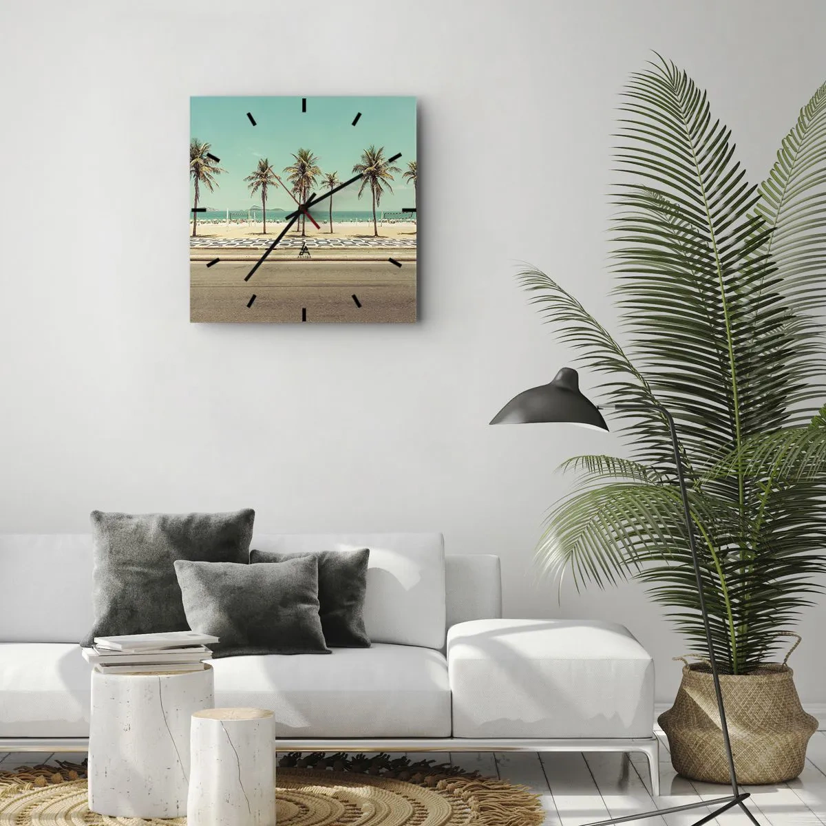 Reloj de pared - Reloj de vidrio - Palmeras en la playa con vistas al mar y al cielo azul. - 30x30cm - En la playa - Decoración de pared moderna para salón y dormitorio ARTTOR