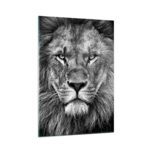 Cuadro sobre vidrio - Impresiones sobre Vidrio - Retrato de un león en blanco y negro con una melena majestuosa - 50x70cm - Con el atuendo de la coronación - Decoración de pared moderna para salón y dormitorio ARTTOR
