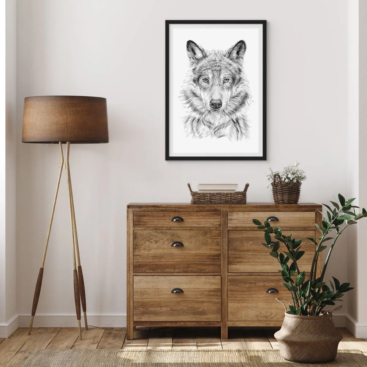 Póster en marco negro - Dibujo detallado de un lobo en estilo blanco y negro. - 50x70cm - Un líder nato - Decoración de pared moderna para salón y dormitorio ARTTOR