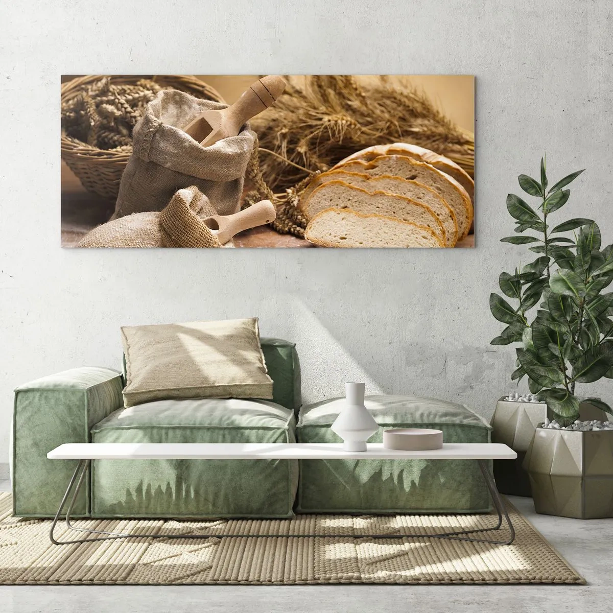 Cuadro sobre vidrio - Impresiones sobre Vidrio - Un paisaje con pan, harina y espigas de trigo en estilo rústico. - 140x50cm - Corte perfecto - Decoración de pared moderna para salón y dormitorio ARTTOR