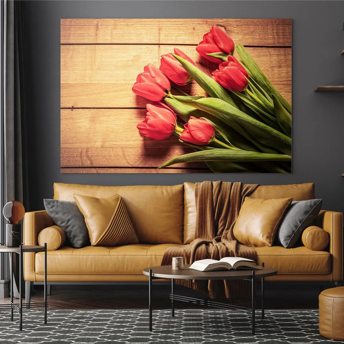 Cuadro sobre vidrio - Impresiones sobre Vidrio - Tulipanes rojos sobre una tabla de madera - 120x80cm - Una confesión primaveral - Decoración de pared moderna para salón y dormitorio ARTTOR