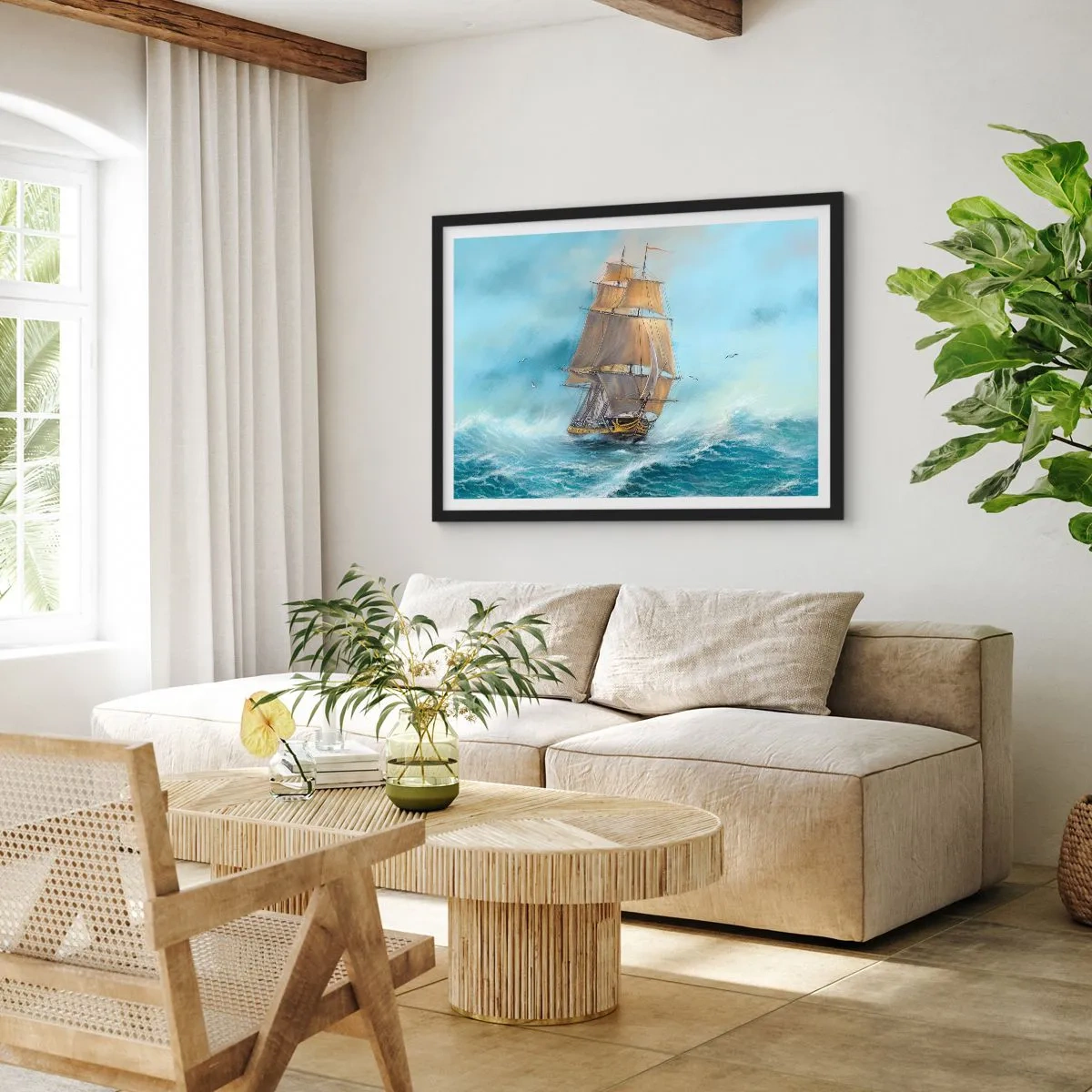 Póster en marco negro - Un velero en un mar tempestuoso - 70x50cm - Surcando las olas - Decoración de pared moderna para salón y dormitorio ARTTOR