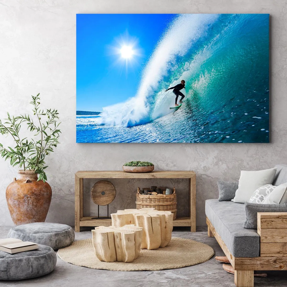 Cuadro sobre lienzo - Impresión de Imagen - Un surfista en una tabla se desliza dentro de una poderosa ola bajo un cielo azul. - 70x50cm - A través de la gran ola - Decoración de pared moderna para salón y dormitorio ARTTOR