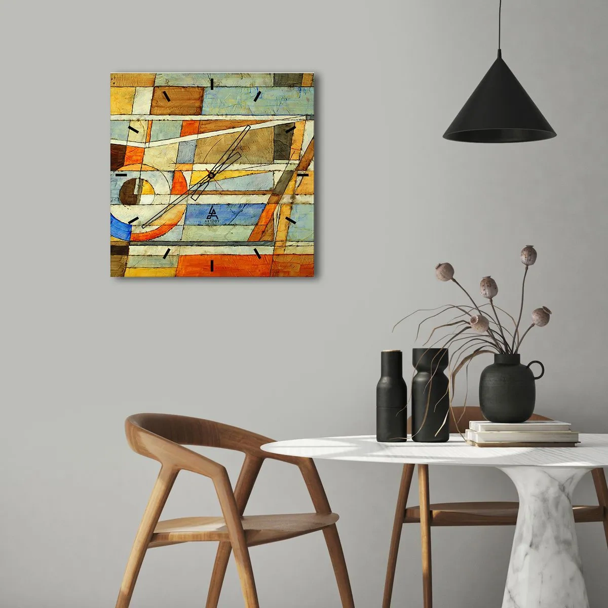 Reloj de pared - Reloj de vidrio - Abstracción geométrica en tonos beige, azul y naranja. - 30x30cm - Cubismo en una obra - Decoración de pared moderna para salón y dormitorio ARTTOR