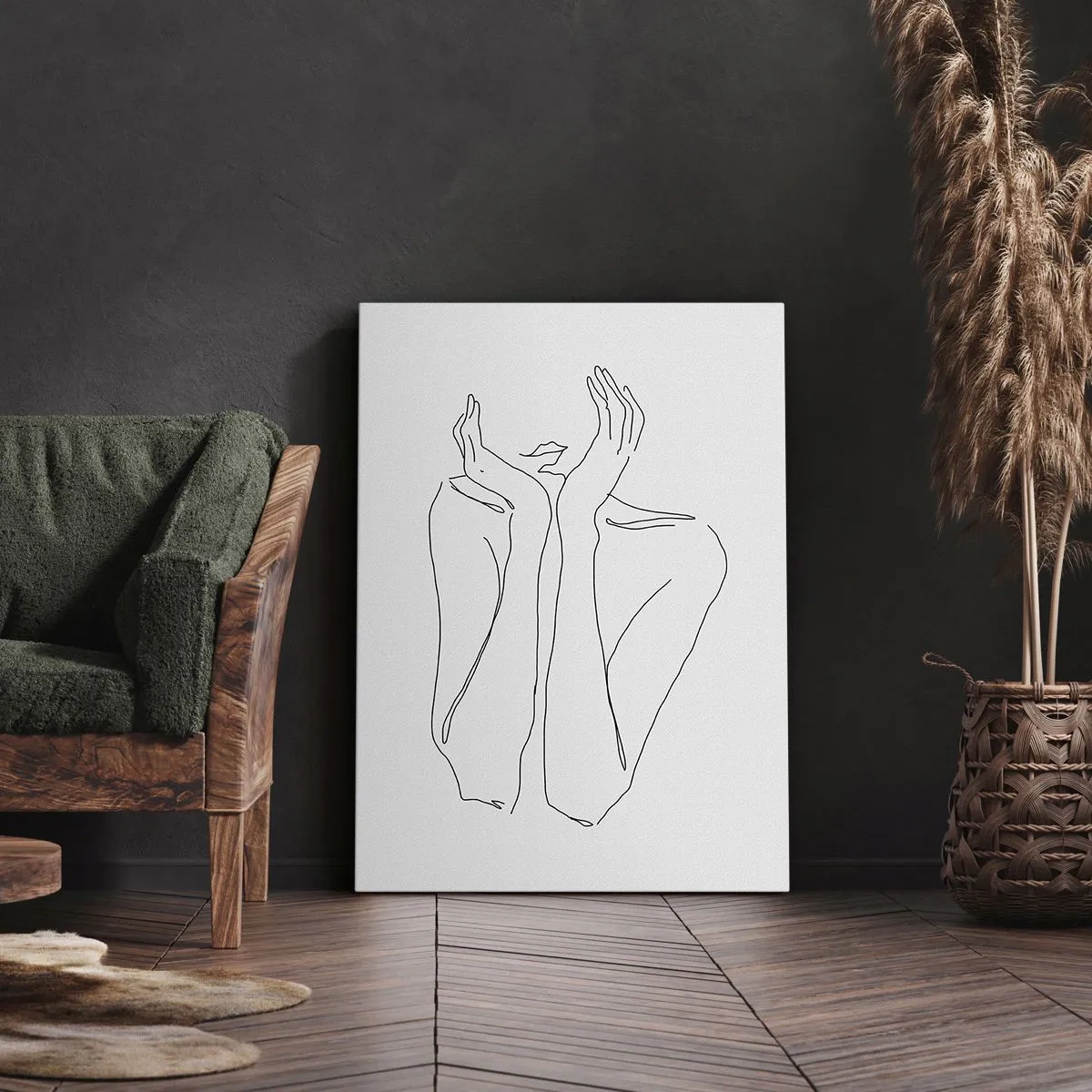 Cuadro sobre lienzo - Impresión de Imagen - Dibujo lineal minimalista de cara y manos. - 50x70cm - Con qué sueñan las mujeres - Decoración de pared moderna para salón y dormitorio ARTTOR