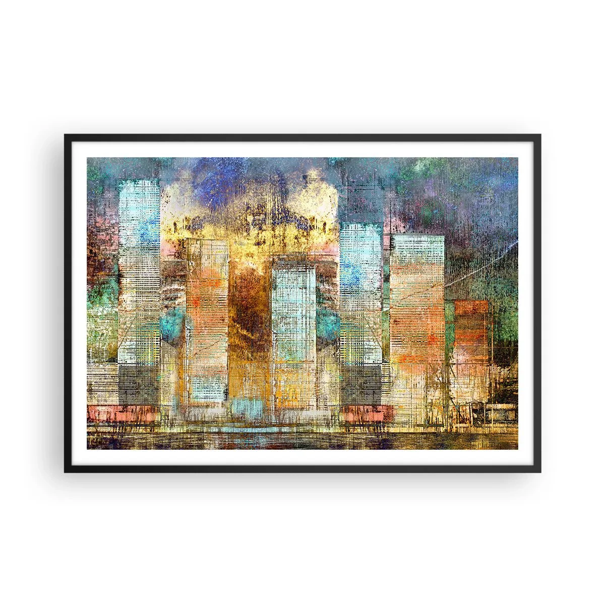 Póster en marco negro - Rascacielos abstractos de estilo industrial - 100x70cm - Metrópolis soleada - Decoración de pared moderna para salón y dormitorio ARTTOR