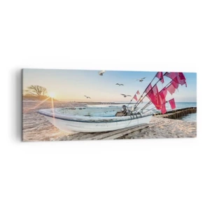 Cuadro sobre lienzo - Impresión de Imagen - Un barco en la playa al amanecer con gaviotas y banderas rojas. - 140x50cm - Un merecido descanso - Decoración de pared moderna para salón y dormitorio ARTTOR