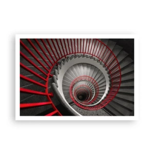 Póster - Escalera de caracol con pasamanos rojos en perspectiva dinámica. - 100x70cm - Juegos arquitectónicos - Decoración de pared moderna para salón y dormitorio ARTTOR
