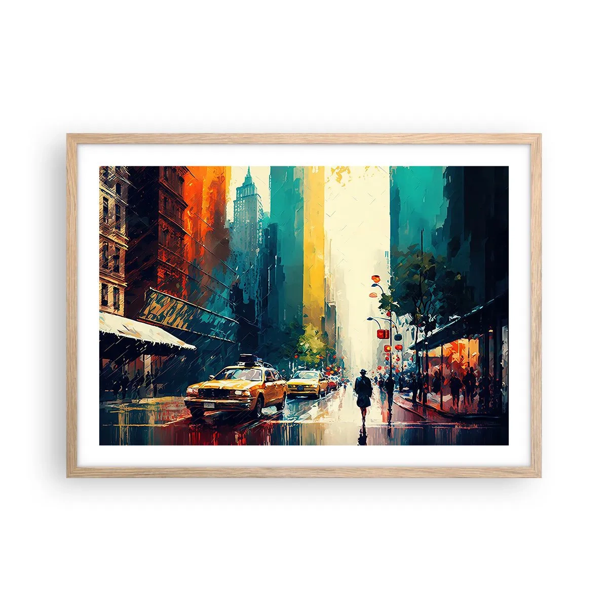 Póster en marco roble claro - Nueva York - hasta la lluvia es colorida - 70x50 cm
