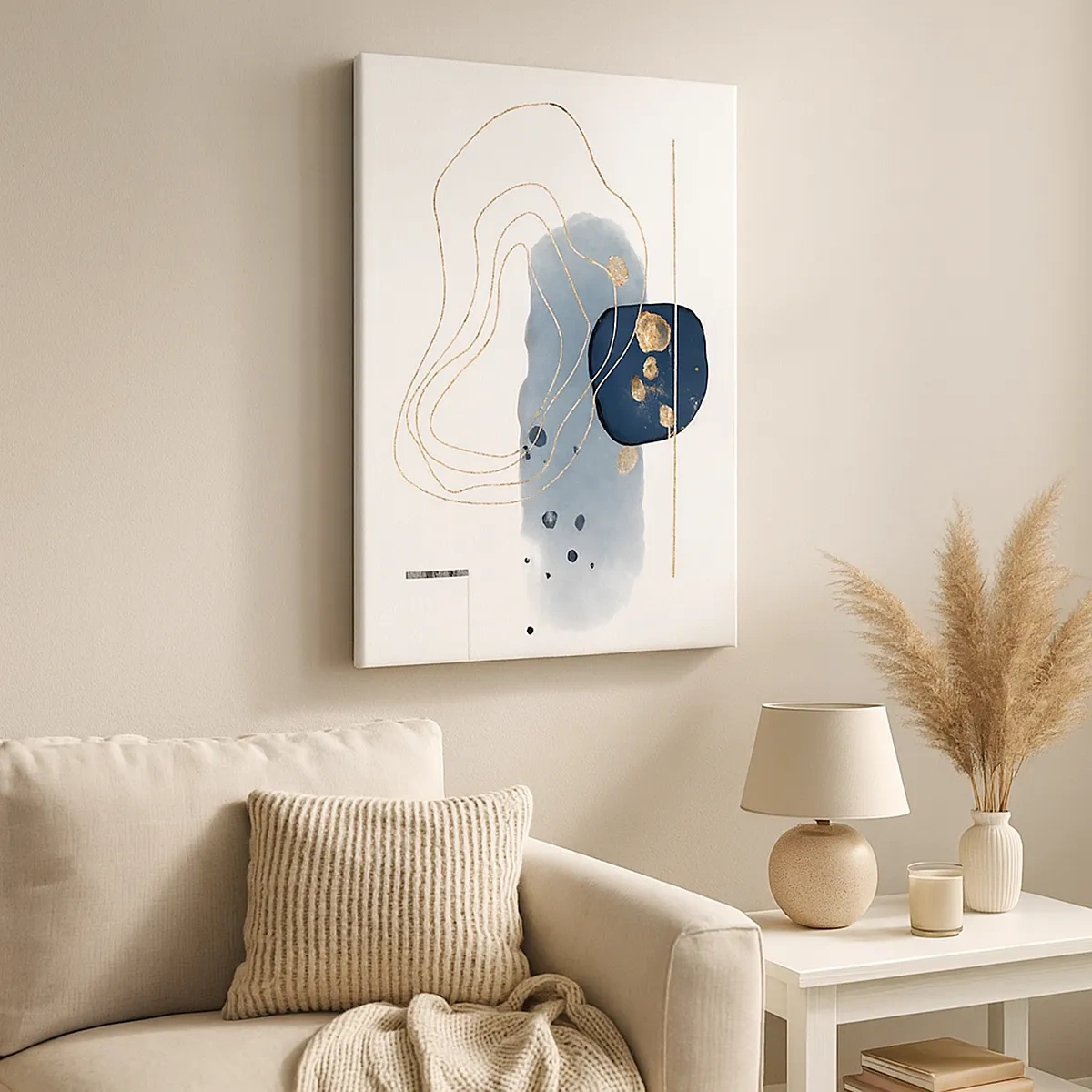 Cuadro sobre lienzo - Impresión de Imagen - Abstracción en tonos azules y dorados. - 50x70cm - Fantasía azul y oro - Decoración de pared moderna para salón y dormitorio ARTTOR