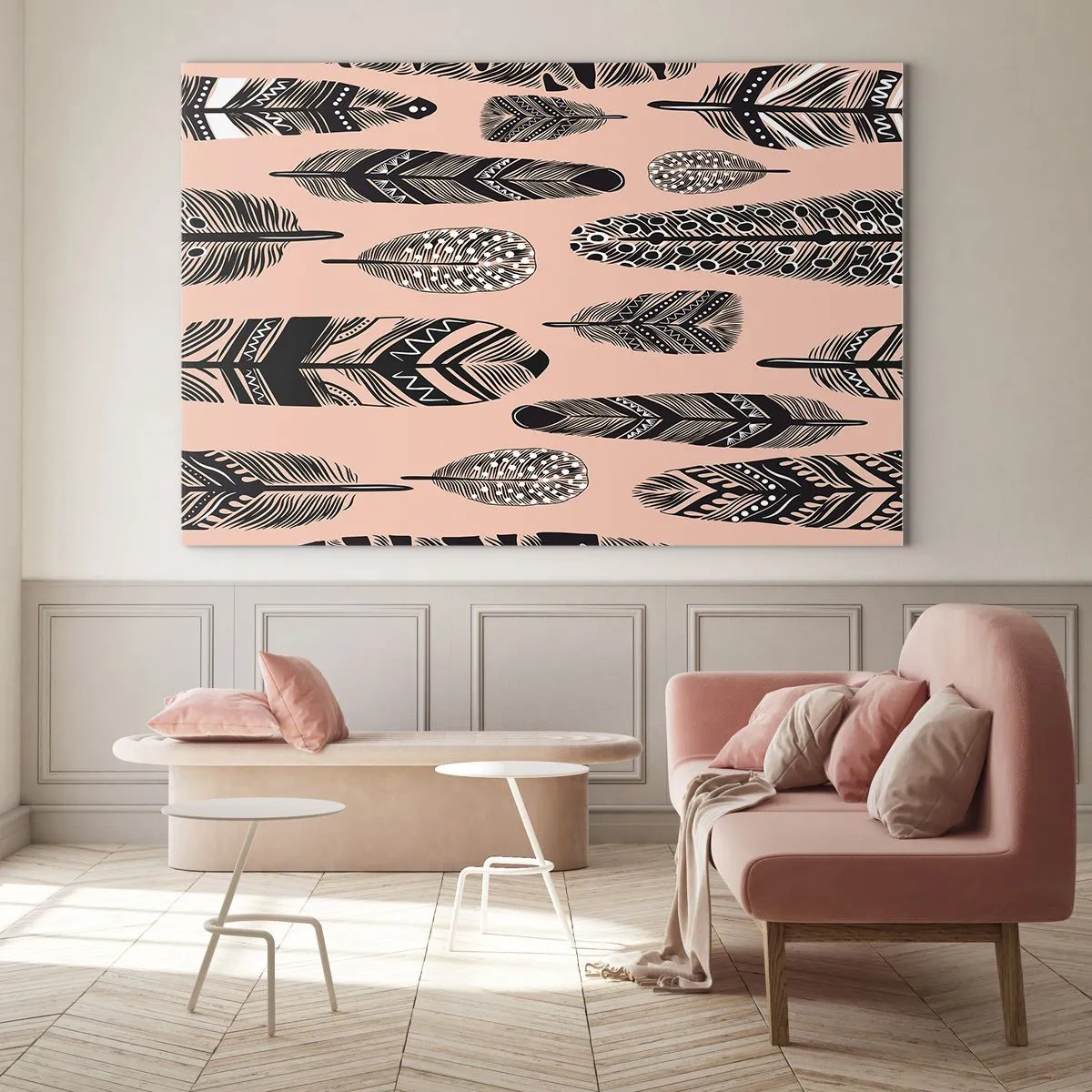 Cuadro sobre vidrio - Impresiones sobre Vidrio - Plumas decorativas con patrones en blanco y negro sobre un fondo rosa. - 100x70cm - Una colección india - Decoración de pared moderna para salón y dormitorio ARTTOR