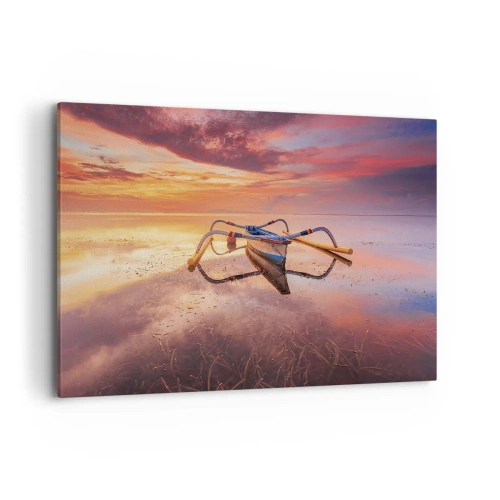 Cuadro sobre lienzo - Impresión de Imagen - Un barco en aguas tranquilas al atardecer. - 100x70cm - Calma de una tarde tropical - Decoración de pared moderna para salón y dormitorio ARTTOR