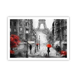 Póster - Una calle con vistas a la Torre Eiffel y sombrillas rojas. - 100x70cm - Todos los caminos conducen a ella - Decoración de pared moderna para salón y dormitorio ARTTOR