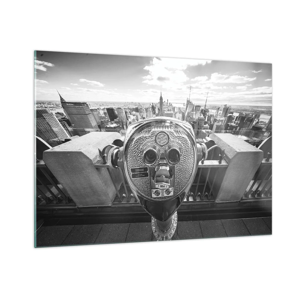 Cuadro sobre vidrio - Impresiones sobre Vidrio - Vista en blanco y negro de Nueva York con un telescopio de observación - 100x70cm - Sobre la ciudad - Decoración de pared moderna para salón y dormitorio ARTTOR
