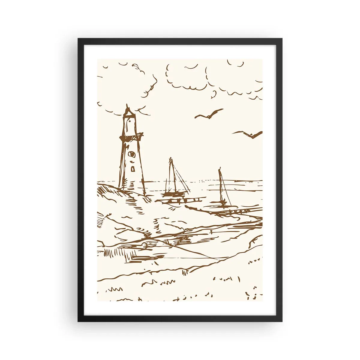 Póster en marco negro - Faro con barcos y pájaros - 50x70cm - Un esbozo de un recuerdo de verano - Decoración de pared moderna para salón y dormitorio ARTTOR