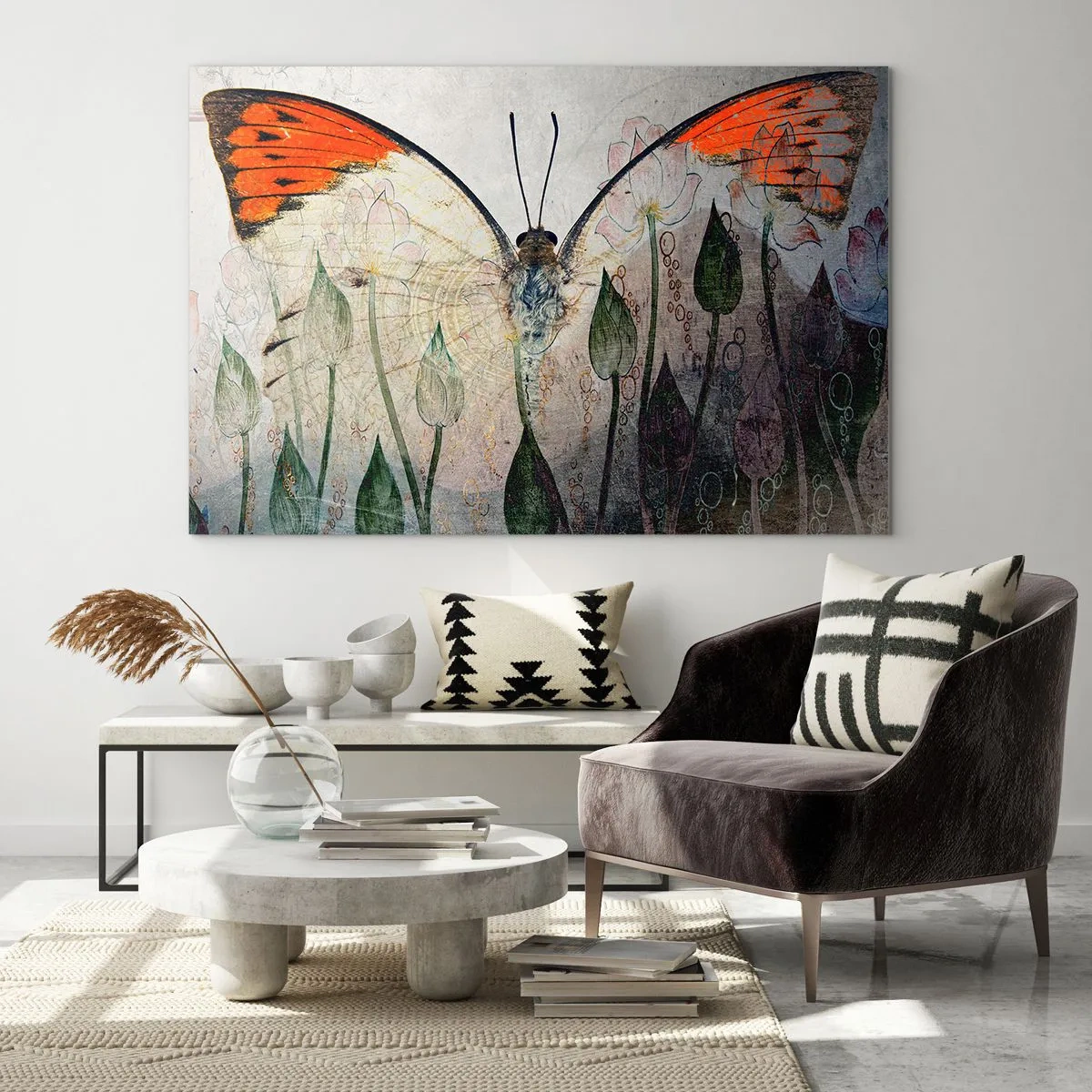 Cuadro sobre vidrio - Impresiones sobre Vidrio - Una mariposa artística rodeada de delicadas flores sobre un fondo gris. - 70x50cm - Donde la mariposa se mece en la hierba - Decoración de pared moderna para salón y dormitorio ARTTOR