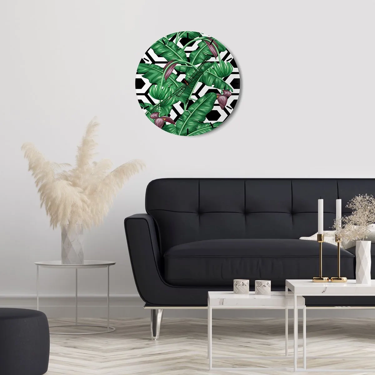 Reloj de pared - Reloj de vidrio - Hojas de plátano tropical sobre un fondo geométrico. - 30x30cm - Composición simétrica de la naturaleza - Decoración de pared moderna para salón, cocina y dormitorio ARTTOR