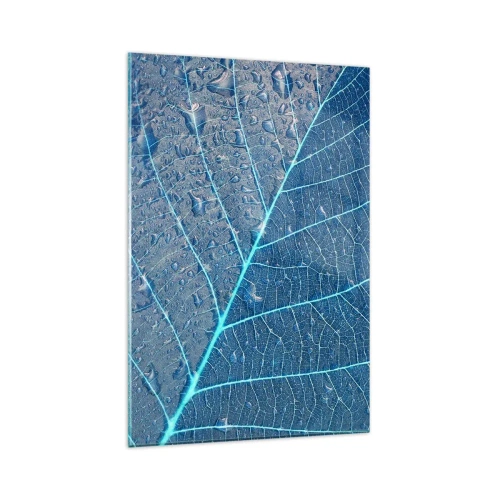 Cuadro sobre vidrio - Impresiones sobre Vidrio - Una hoja en tonos azules con gotas de agua. - 80x120cm - Vida en el azul - Decoración de pared moderna para salón y dormitorio ARTTOR