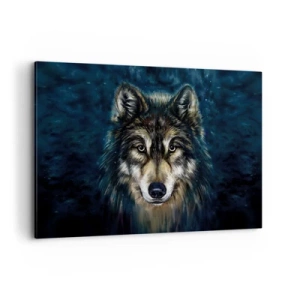 Cuadro sobre lienzo - Impresión de Imagen - Retrato de un lobo sobre un fondo azul oscuro - 120x80cm - ¿Alfa? Y omega - Decoración de pared moderna para salón y dormitorio ARTTOR