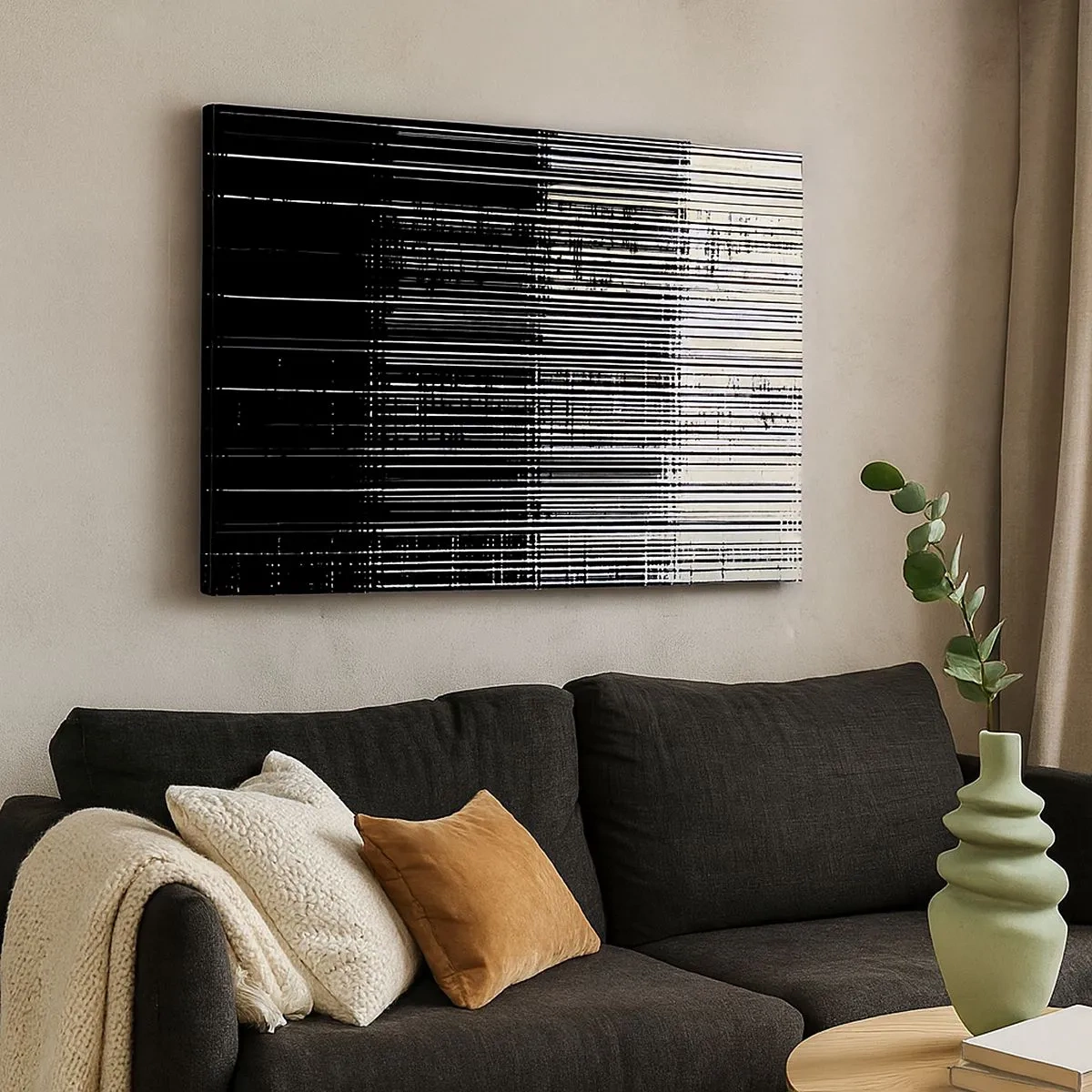 Cuadro sobre lienzo - Impresión de Imagen - Composición abstracta de líneas en blanco y negro contrastantes. - 70x50cm - Ondas y vibraciones - Decoración de pared moderna para salón y dormitorio ARTTOR