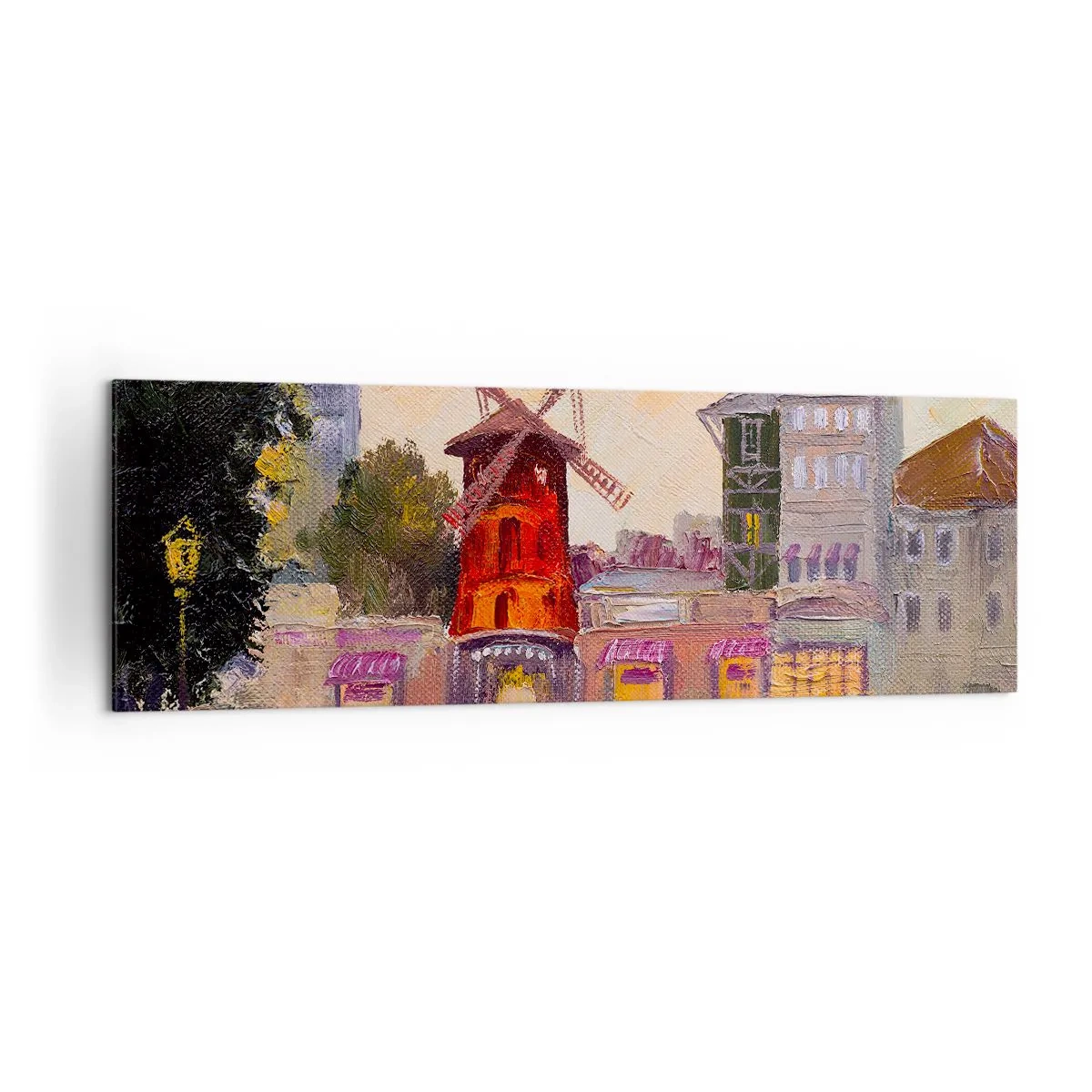 Cuadro sobre lienzo - Impresión de Imagen - El molino de viento rojo del Moulin Rouge rodeado del paisaje urbano - 160x50cm - Iconos parisinos - Moulin Rouge - Decoración de pared moderna para salón y dormitorio ARTTOR