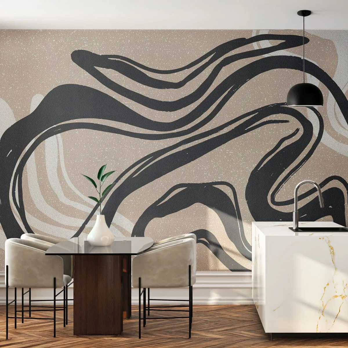 Fotomural Premium Sand - Líneas expresivas negras sobre un fondo beige. - 100x70cm - Expresión multiplicada - Decoración de pared moderna para salón y dormitorio ARTTOR