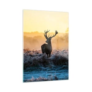 Cuadro sobre vidrio - Impresiones sobre Vidrio - Ciervos en una mañana helada con el amanecer de fondo - 50x70cm - Coronado en sus propios dominios - Decoración de pared moderna para salón y dormitorio ARTTOR