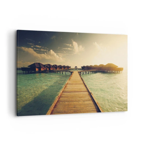 Cuadro sobre lienzo - Impresión de Imagen - Un embarcadero de madera que conduce a las casas sobre el agua, iluminadas por los rayos del sol. - 100x70cm - Una cálida invitación - Decoración de pared moderna para salón y dormitorio ARTTOR